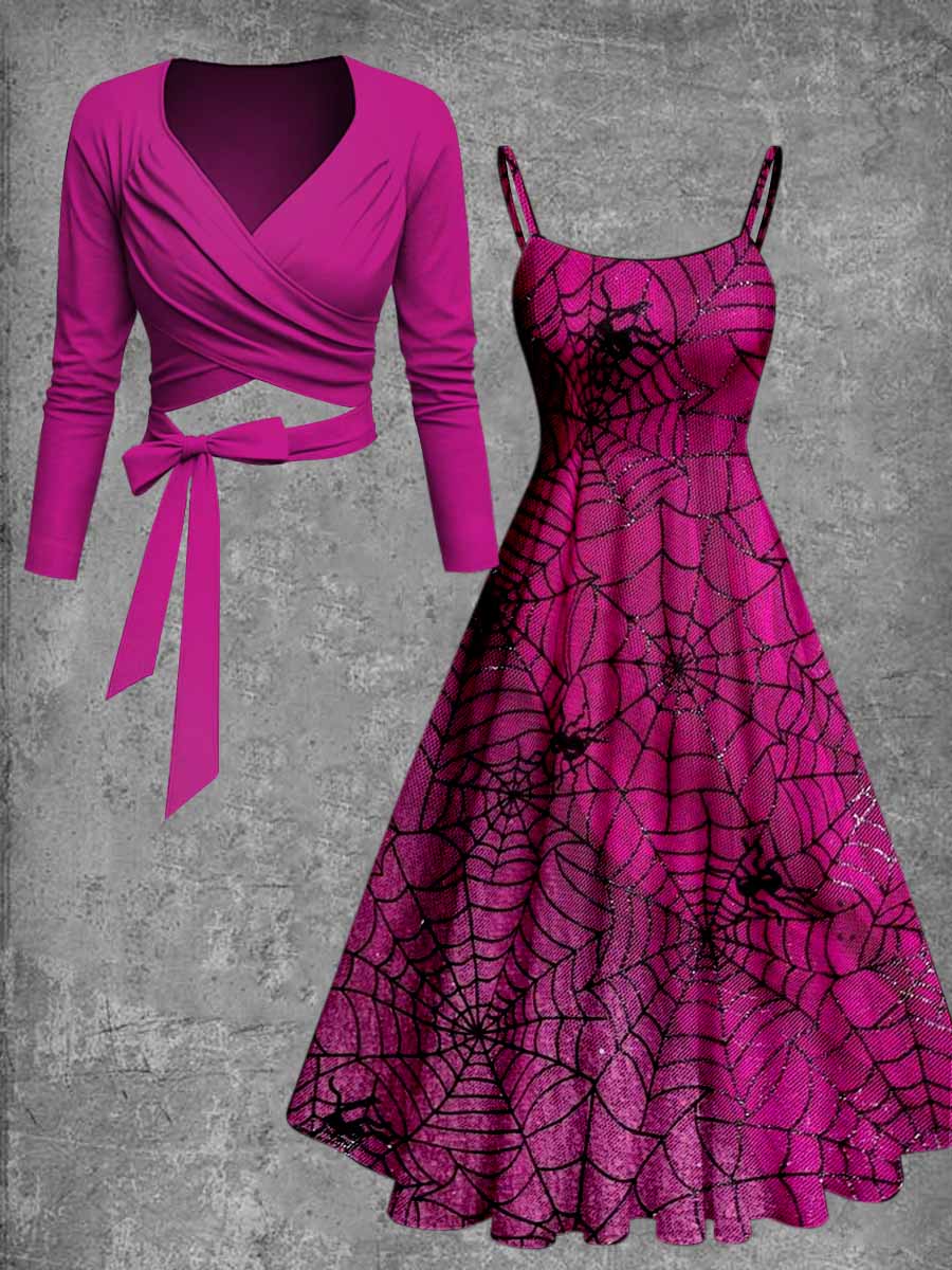 Retro Gothic Floral Art Printed Vintage Unique Slim Fit Cross Wrap Long Sleeve Two-Piece Midi Dress